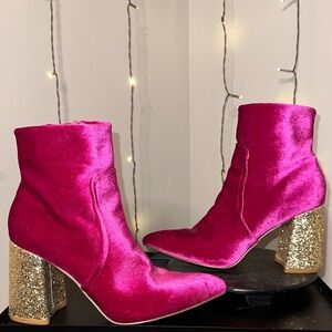 Fuchsia Velvet Heeled Boots with Glitter Block Heel